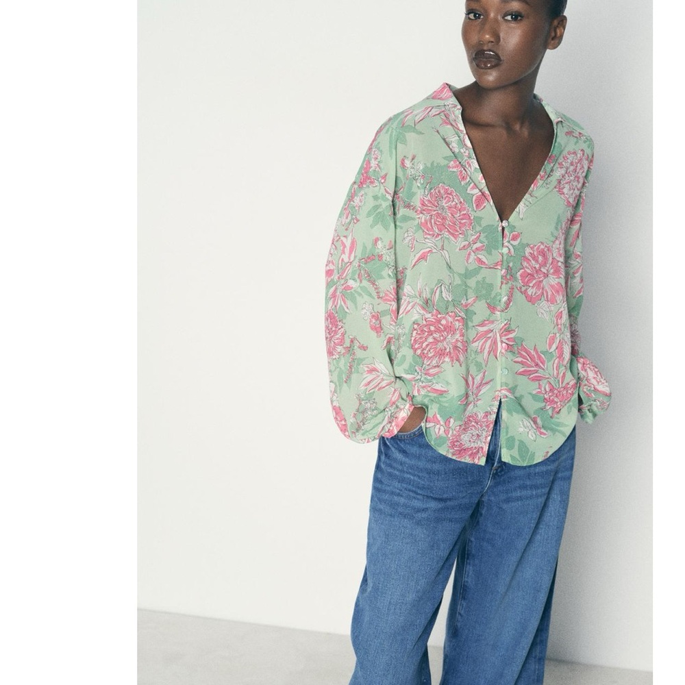 Zara Floral Green and Pink Blouse